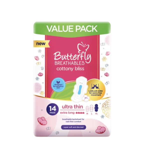 Butterfly Breathables Ultra-Thin Cottony Sanitary Pads Size Extra Long 14Pcs