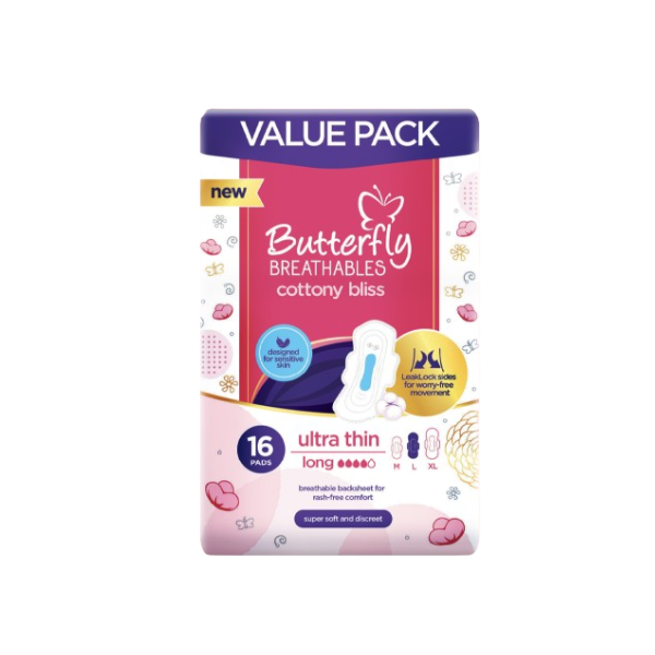 Butterfly Breathables Ultra-Thin Cottony Sanitary Pads Size Long 16Pcs