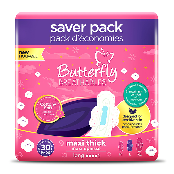 Butterfly Breathables Maxi Thick Cottony Sanitary Pads Long Trio Pack 30Pcs